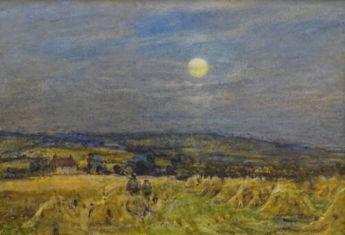 Rowland Henry Hill (1873-1952). Moonlit landscape with figures in corn field, watercolour, 25.5cm x 37cm.