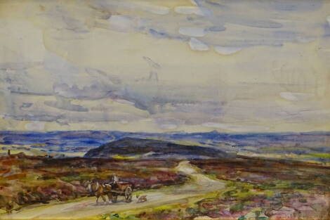 Rowland Henry Hill (1873-1952). Moorland landscape with horse drawn cart and dog, watercolour, signed and dated 1929, 25.5cm x 26.5cm.