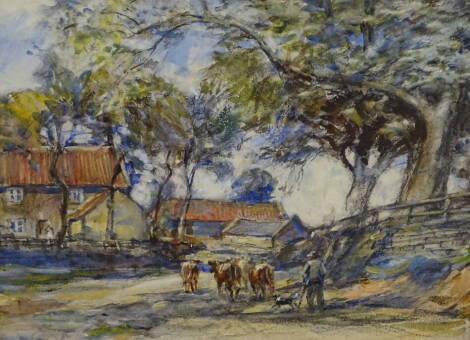 Rowland Henry Hill (1873-1952). 'Bring the cattle in', before a farmyard, watercolour, signed and dated 1914, 34cm x 44cm.