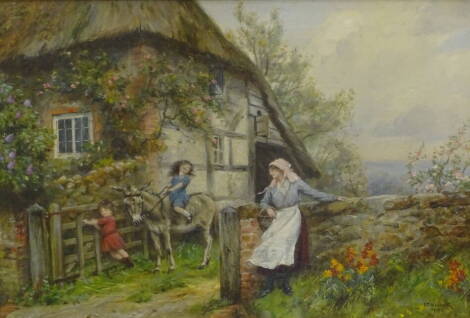 Frank Moss Bennett (1874-1953). Thatched Cottage - Mother and Daughters, oil, signed and dated 1917, 24cm x 34cm.