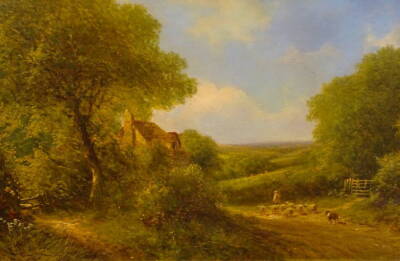 19thC British School. River landscape with shepherd and sheep, oil on canvas, 39cm x 49cm.