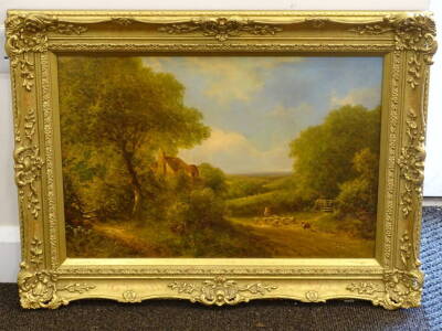 19thC British School. River landscape with shepherd and sheep, oil on canvas, 39cm x 49cm. - 2