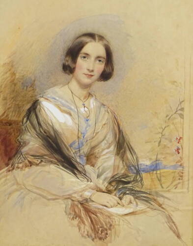 George Richmond (1809-1896). Portrait of Mrs Charles Bagot, watercolour, signed and dated 1842, 36cm x 25.5cm.  Label verso from Mrs Norman Fleming "portrait by Richmond of Mrs Charles Bagot daughter of the Hon. Jocelin Percy, bought at Kiddington Park Ox