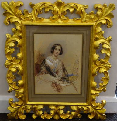 George Richmond (1809-1896). Portrait of Mrs Charles Bagot, watercolour, signed and dated 1842, 36cm x 25.5cm.  Label verso from Mrs Norman Fleming "portrait by Richmond of Mrs Charles Bagot daughter of the Hon. Jocelin Percy, bought at Kiddington Park Ox - 2