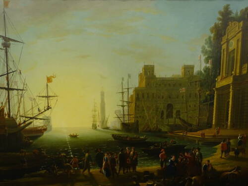 Style of Claude Lorrain. Harbour scene, masted ship and figures, oil on canvas, 99cm x 134cm