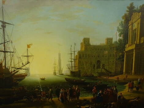 Style of Claude Lorrain. Harbour scene, masted ship and figures, oil on canvas, 99cm x 134cm