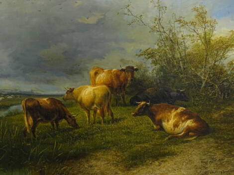 Thomas Sidney Cooper RA (1803-1902). Canterbury Meadows, depicting cattle in the foreground and sheep at distance, oil on canvas, signed T Sidney Cooper RA, 51cm x 77cm, original gilt plaster frame with titled slip. Provenance: Goodacre collection No.107