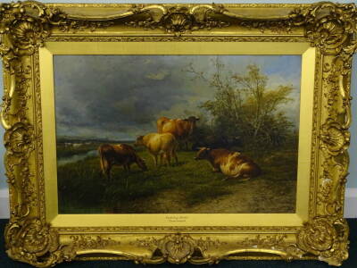 Thomas Sidney Cooper RA (1803-1902). Canterbury Meadows, depicting cattle in the foreground and sheep at distance, oil on canvas, signed T Sidney Cooper RA, 51cm x 77cm, original gilt plaster frame with titled slip. Provenance: Goodacre collection No.107 - 2