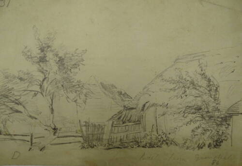 Thomas Sidney Cooper RA (1803-1902). Pencil sketch with part watermark J WHATMAN TURKEY MILL 18--, by T.S.Cooper, inscribed Biddle Farm Grinstead & dated 1834, 13.5cm x 19cm, thatched and tiled farm buildings, reverse pencil sketch of a farm wagon. Proven