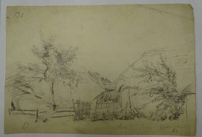 Thomas Sidney Cooper RA (1803-1902). Pencil sketch with part watermark J WHATMAN TURKEY MILL 18--, by T.S.Cooper, inscribed Biddle Farm Grinstead & dated 1834, 13.5cm x 19cm, thatched and tiled farm buildings, reverse pencil sketch of a farm wagon. Proven - 2