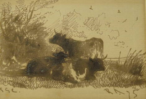 Thomas Sidney Cooper RA (1803-1902). Cattle in a meadow, pen and ink 8cm x 11.5cm. Signed with initials T.S.C and dated 1875. Typical of studies Cooper hurriedly sketched during Royal Academy banquets etc. which he would give to his neighbours at the tab