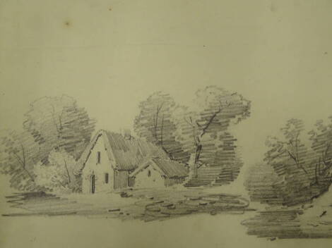 Thomas Sidney Cooper RA (1803-1902). A cottage in a wooden landscape, pencil sketch, 20cm x 23.5cm. A lesson to D W Coit c1829. Provenance: Goodacre Collection No 310.