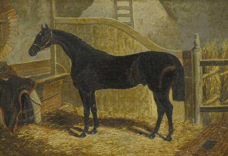 Circle of J F Herring. Faugh-a-Ballagh, race horse in stable aside saddling cloth, oil on canvas, unsigned, titled, 31cm x 40.5cm. Faugh-a-Ballagh ran once as a two year old at Doncaster, finishing second in 1842. The first Irish horse to win the St. Leg