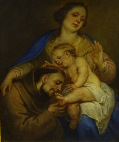 19thC School. Madonna with child, and monk, oil on metal panel, 14cm x 11cm.