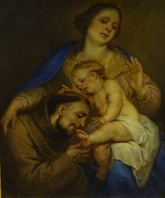 19thC School. Madonna with child, and monk, oil on metal panel, 14cm x 11cm.