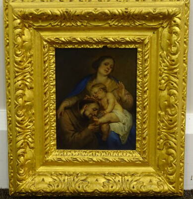 19thC School. Madonna with child, and monk, oil on metal panel, 14cm x 11cm. - 2