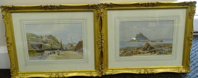 William Edward Croxford (1852-1926). St Michaels Mount, Village Harbour, watercolour - pair, signed, 16cm x 24cm. - 3