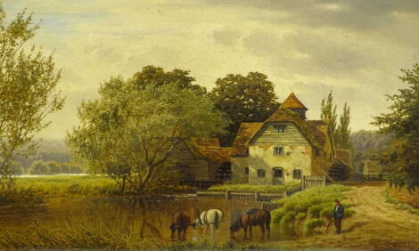 Henry Cheadle (1852-1910). Farm pond with horses watering, oil on canvas, signed and dated (18)80, 24cm x 40cm.