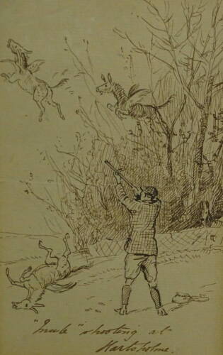 Heywood Hardy (1842-1933). Shooting at Hartsholme Jan 7 1895, ink drawing, titled and dated, 18cm x 10.5cm.