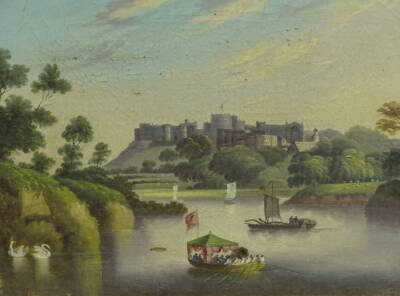 19thC School. River barges and castle, oil on canvas, 19.5cm x 24cm.