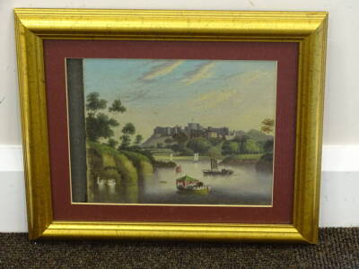 19thC School. River barges and castle, oil on canvas, 19.5cm x 24cm. - 2