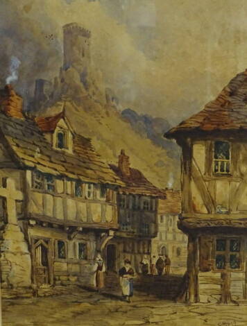 Rose Emily Stanton (1838-1908). Street scene with figures, watercolour, initialled and dated 1859, 33cm x 22cm.