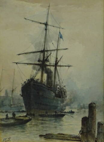 Albert E. Marks (1866-1901). Masted ship in harbour, watercolour, signed, 24cm x 16cm.