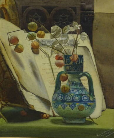 E.S.K. (19thC). Still life with two handled vase, watercolour, signed and dated 1857, 48cm x 38cm.