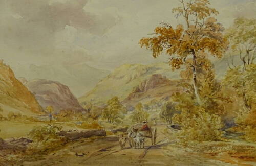 19thC British School. Horse and cart in mountain landscape, watercolour, 23.5cm x 35cm. Label verso Fine Art Repository Liverpool, Goldmark Uppingham.