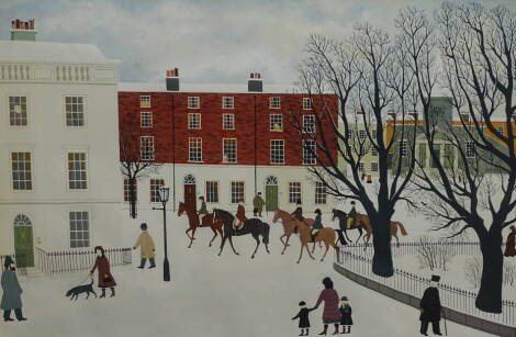 Vincent Haddelsey (1934-2010). Horse and riders winter street scene, watercolour, signed and dated, 55.5cm x 83cm.