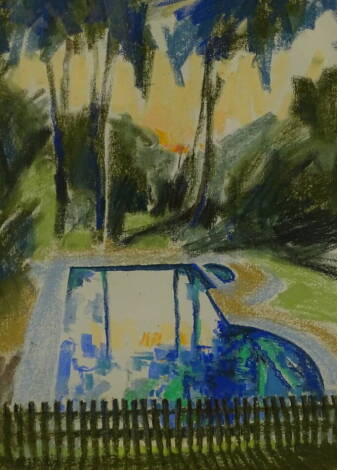 Gill Nadin (1928-1996). Palms and swimming pool, 56cm x 40cm.