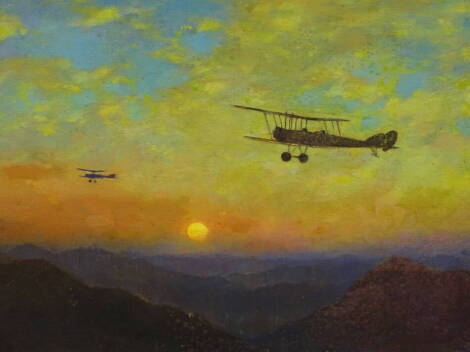 Gerald Bauer (20thC). B.E. 2C's over N.W. Frontier, oil on canvas, signed, dated (19)79 and titled verso, 44.5cm x 59.5cm.