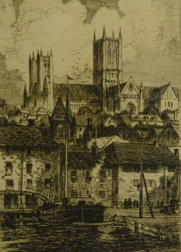 Thomas Waghorn. Lincoln from Brayford Pond, artist signed etching, 23cm x 15.5cm and two others.