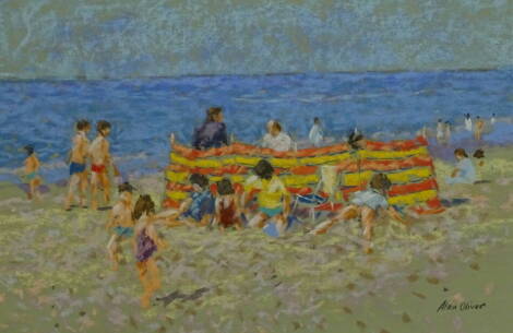 Alan Oliver. Sand Castles and Cromer Beach, pastel, signed and titled verso, 25cm x 35cm and another titled painting in the South of France (2).