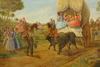 Salvador Viniegra Y Lasso (1862-1915). Spanish players travelling, oil on canvas, signed, 108cm x 161cm.