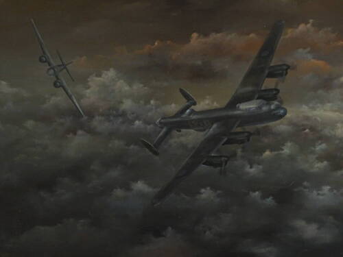 L W Pooley (British 20thC). Lancaster Bombers in the night sky, oil on canvas, dated 1992, 59cm x 74cm. N.B. This lot is to be sold Without Reserve with proceeds of sale going to The Just Jane NX611 Lancaster Restoration Reutn to Flight Project https://ww