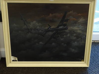 L W Pooley (British 20thC). Lancaster Bombers in the night sky, oil on canvas, dated 1992, 59cm x 74cm. N.B. This lot is to be sold Without Reserve with proceeds of sale going to The Just Jane NX611 Lancaster Restoration Reutn to Flight Project https://ww - 2