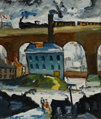 William Ralph Turner (1920-2013). Train to London, Stockport, oil on board, signed and titled verso, 24cm x 19cm. Label verso, Gateway Gallery, Hale.