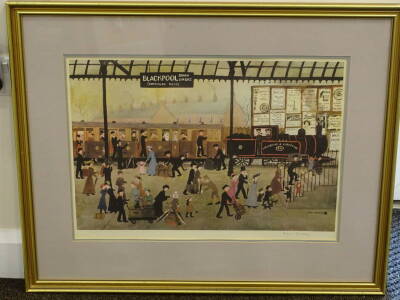 Helen Layfield Bradley (1900-1979). Blackpool station, artist signed coloured print, 40cm x 56.5cm. - 2