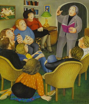 Beryl Cook (1926-2008). Poetry reading, artist signed coloured print, 48.4cm x 38cm.