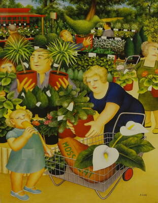 Beryl Cook (1926-2008). Garden centre, artist signed limited edition coloured print, 378/850, 54cm x 40cm.