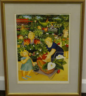 Beryl Cook (1926-2008). Garden centre, artist signed limited edition coloured print, 378/850, 54cm x 40cm. - 2