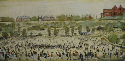 After Laurence Stephen Lowry. Peel Park, Salford, limited edition gouttelette coloured print 18/75, published Felix Rosenstiel's Widow and Son, 56cm x 105cm. With framed certificate and authentication folder.