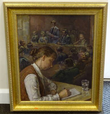 David Stoves (20thC). Council Meeting, oil on canvas, signed, dated 1989, titled verso, 60cm x 49cm. - 2