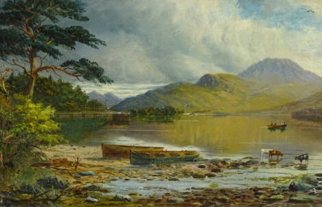 19thC British School. River landscape with rowing boats and cattle, oil on canvas, 40cm x 60cm.