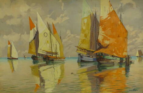 Hans Figura (1898-1978). Sailing ships in Lagoon, oil on canvas, signed, 60cm x 90cm.