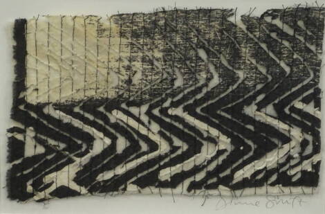 Dionne Swift (20thC). Devore - abstract, needlework and textile - two, signed, 17cm x 16.5cm.