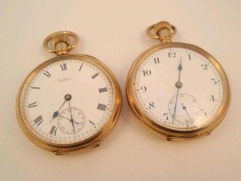 Two open face gold plated pocket watches