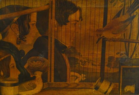 19thC School. Figures by a bird cage, oilograph laid on canvas, 52cm x 74.5cm.