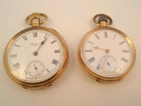 Two open faced gold plated pocket watches